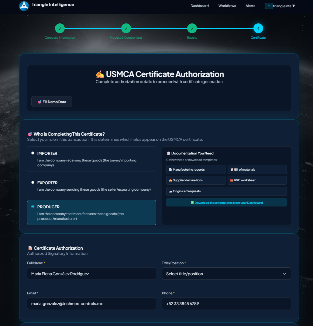 Certificate information form preview